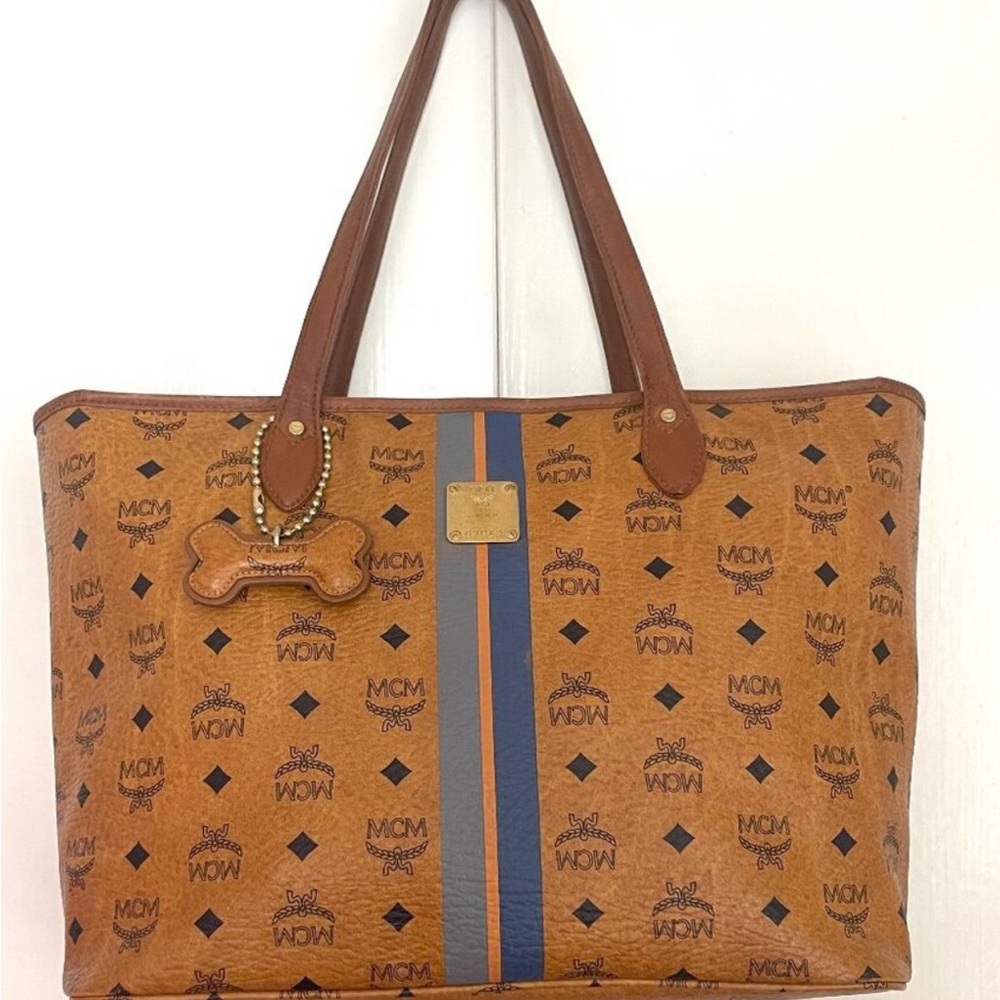 MCM Brown Visetos dog bone blue stripes MM Tote Bag Zips close everyday bag